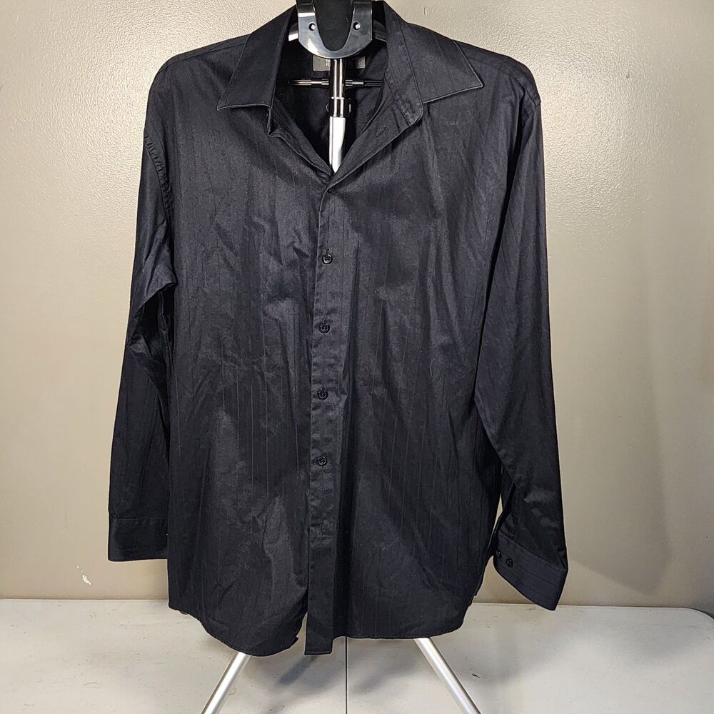 Kenneth Cole Reaction Men's Dress Shirt Size L Black Tonal Stripes Long Sleeves